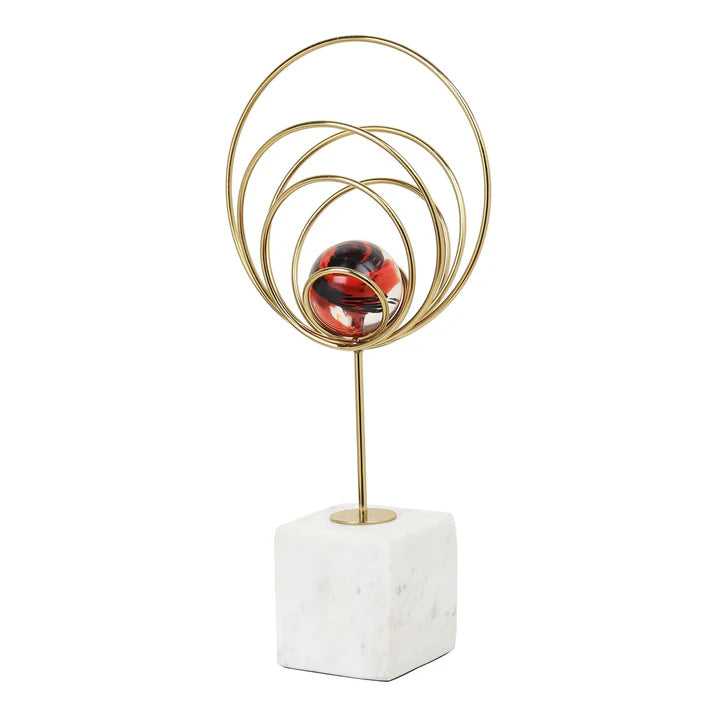 Aurora Gold Rings Accent – Luxurious Red Crystal Sphere Sculpture
