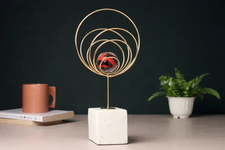 Aurora Gold Rings Accent – Luxurious Red Crystal Sphere Sculpture