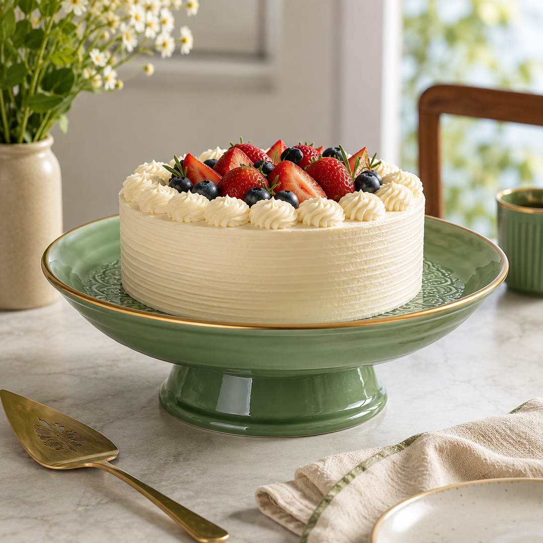 Green Ceramic Finish Cake Stand 12.5 Inch with Embossed Design