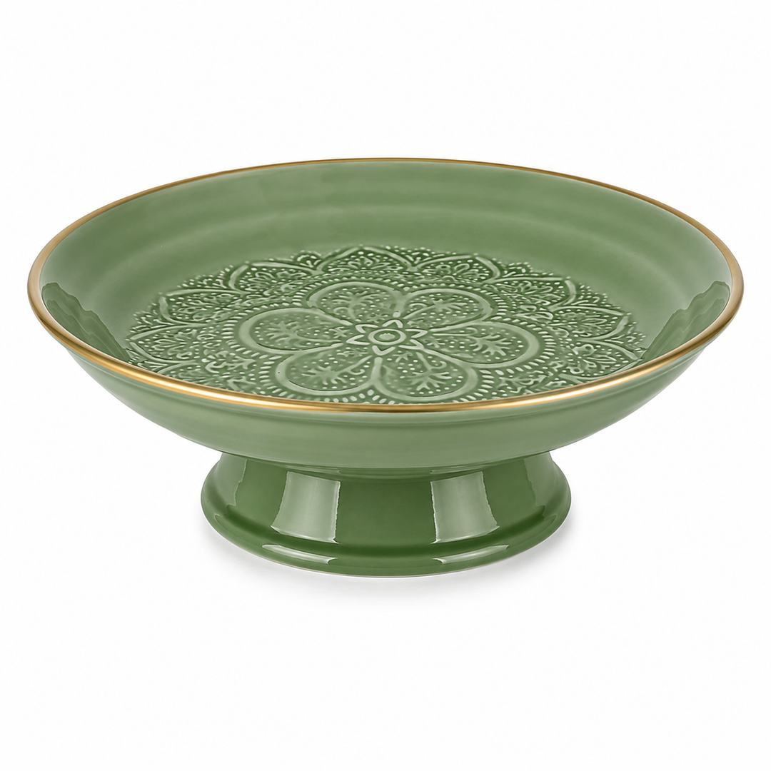 Green Ceramic Finish Cake Stand 12.5 Inch with Embossed Design