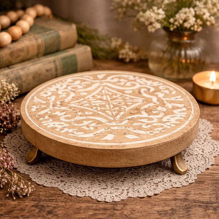 Handcrafted Wooden Round Cake Plate for Serving & Display